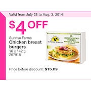 Sunrise Farms Chicken Breast Burgers - $11.89 ($4.00 Off)