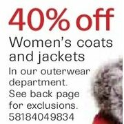 40% Off Women's Coats and Jackets