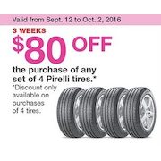 The Purchase of Any Set of 4 Pirelli Tires - $80.00 off