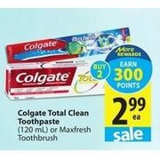 Colgate Total Clean Toothpaste Or Maxfresh Toothbrush - $2.99