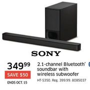 Sony 2.1-Channel Bluetooth Soundbar With Wireless Subwoofer - $349.99 ($50.00 off)