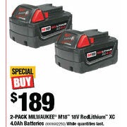 2-Pack Milwaukee M18 18V Redlithium XC 4.0Ah Batteries  - $189.00